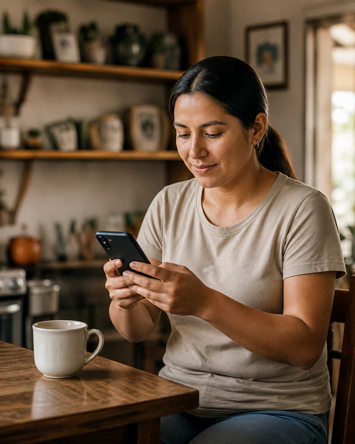 Una mujer mira su teléfono junto a una taza en una mesa.