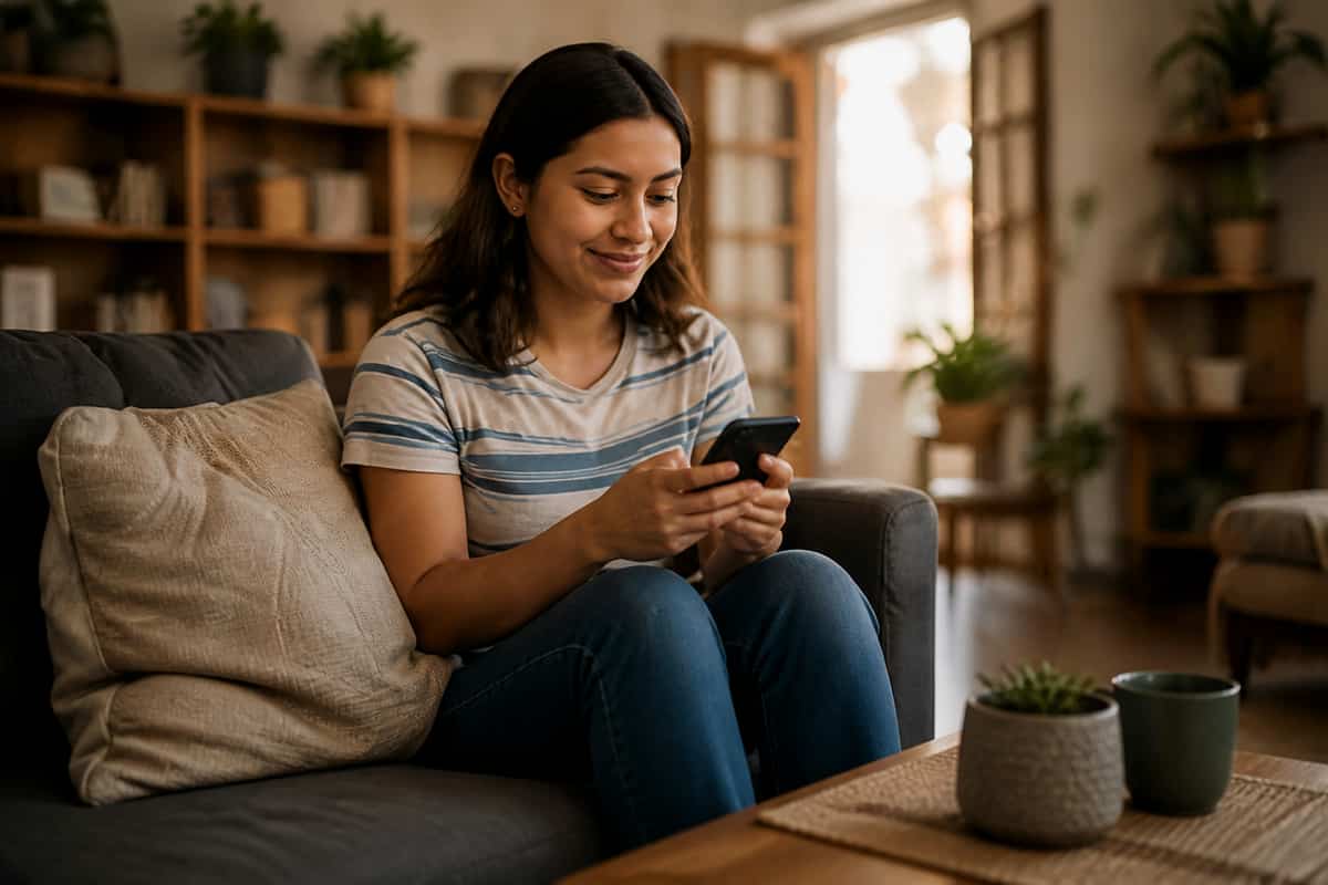 Una mujer usa su teléfono sentada en un sofá.