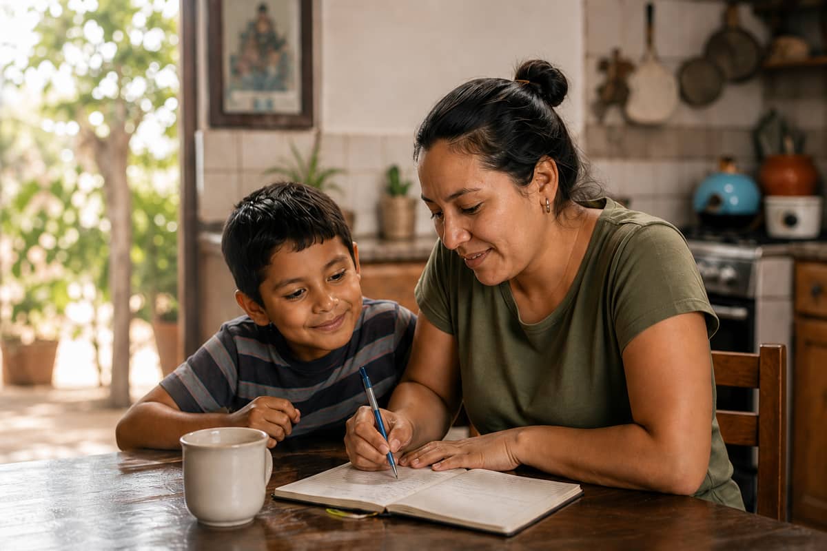 Una mujer escribe en un cuaderno junto a un niño en una mesa de cocina.